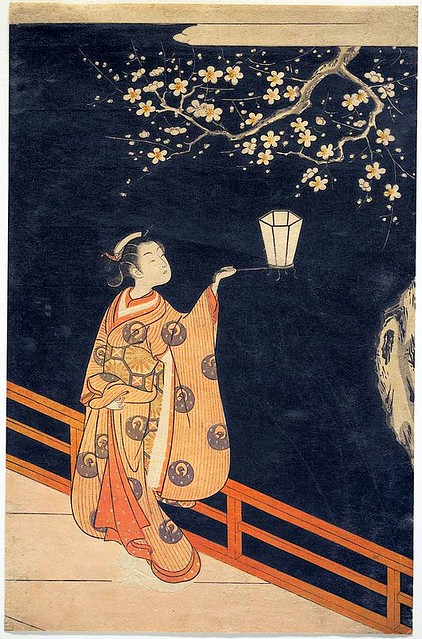 Suzuki Harunobu (1725c.-1770) - 1700s Woman Admiring Plum Blossoms at Night
