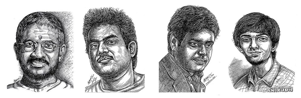 ILAIYARAJA,YUVANSHANKAR RAJA,HARRIS JAYARAJ and ANIRUDH Music Composers Portraits in my Pen drawing by Artist Anikartick,Chennai,Tamil Nadu,India