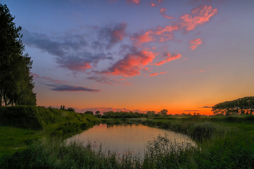 sunset landscape pond belgium ramparts rood landschap vijver waterscape damme pwpartlycloudy