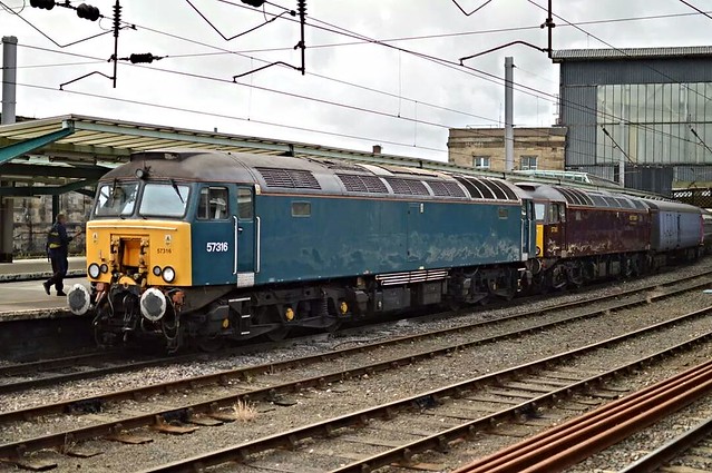 57316 and ex works 57313 at Carlisle with refurbished FGW stock from Kilmarnock, 29th August 2014.