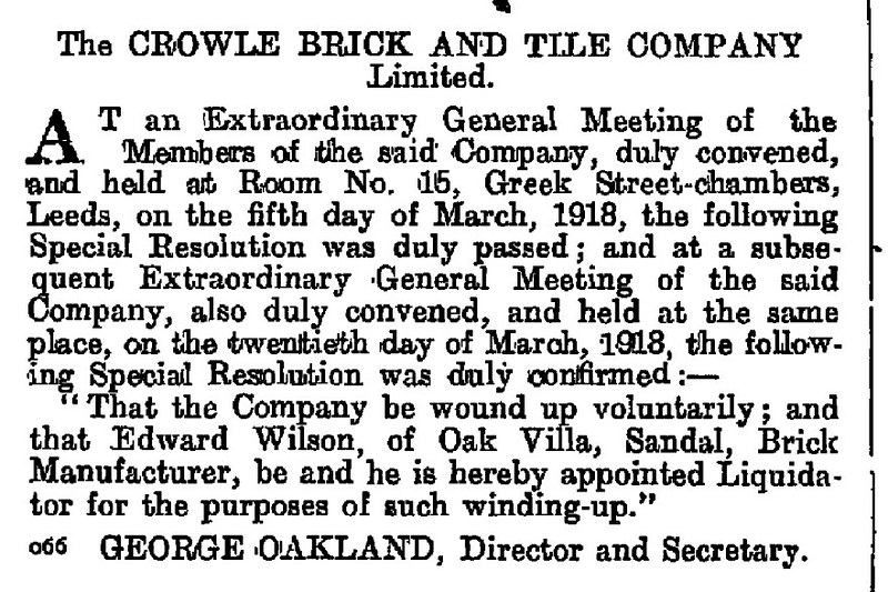 Crowle Brick & Tile Works winding up