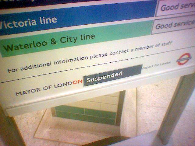 Mayor Suspended sign seen at Russell Square Tube Station