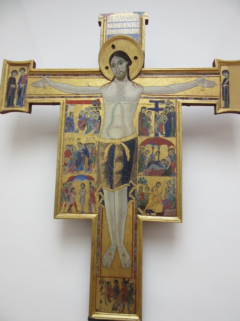 Maestro della Croce, Crucifix with the Virgin, St. John the Evangelist, a pious woman, angels, and seven stories of the Passion, Uffizi Gallery