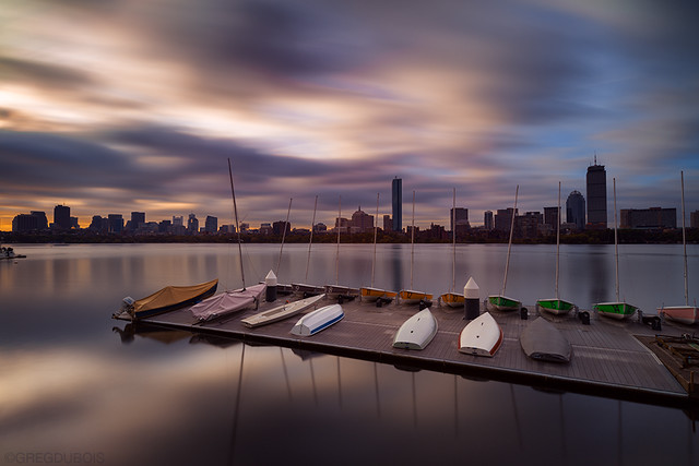 Cloudy Sunrise over Boston Skyline, MIT Sailing Pavilion, and Charles River - Cambridge Massachusetts USA