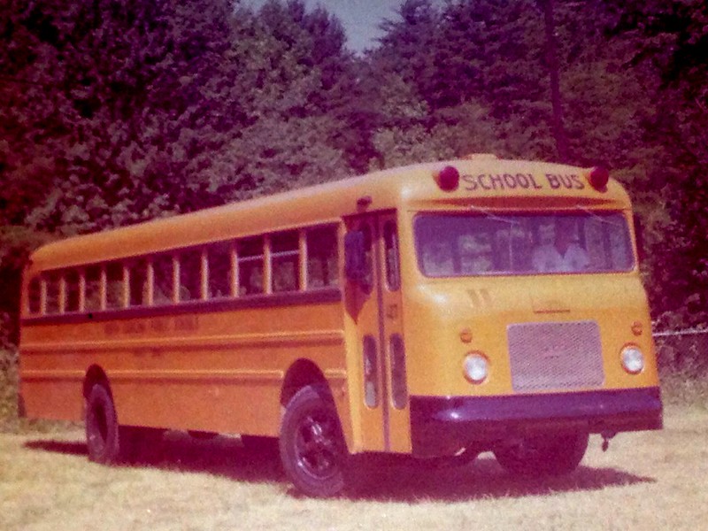 THOMAS BUILT BUS, 1958 GMC Transit-Style NC School Bus, Omaha Orange.  Digitized from print.