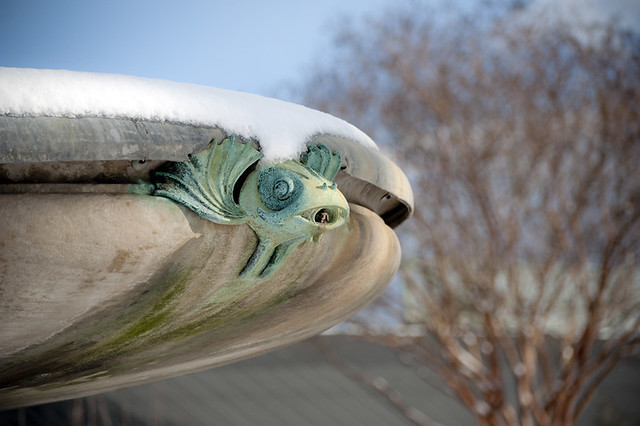 Art deco fish detail on Jenkings Fountain at Brooklyn Botanic Garden in winter snow