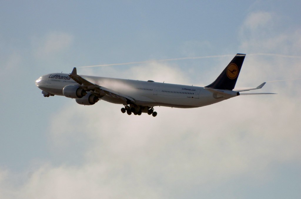 Lufthansa Airlines Airbus A340-600 D-AIHT flight DLH453 to Munich Int'l seconds after take-off from LAX on August 18, 2014.
