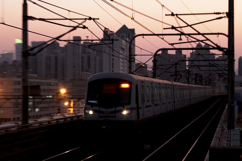 Shanghai Metro train on line 4 arrives at Baoshan Road station