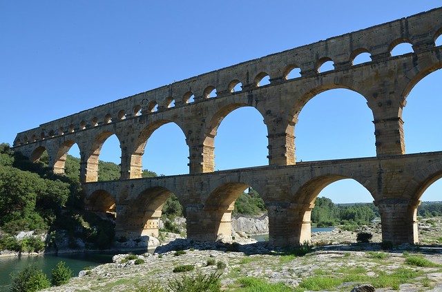 Pont du Gard, a 40-60 AD? Roman aqueduct bridge that crosses the Gardon River, part of the Nîmes aqueduct, France