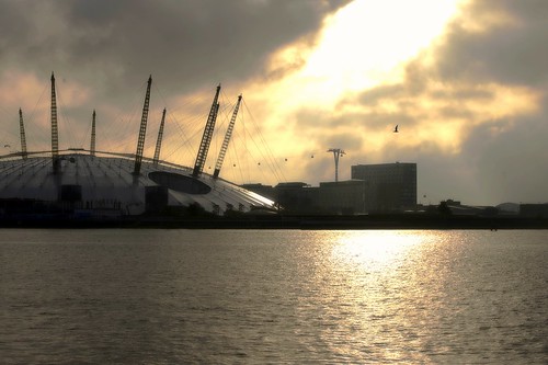 uk morning light colour bird london water architecture clouds sunrise river dawn poplar cloudy earlymorning o2 east arena emirates wires docklands colourful venue beams cablecars thedocklands theo2arena theemiratesairlinecablecar