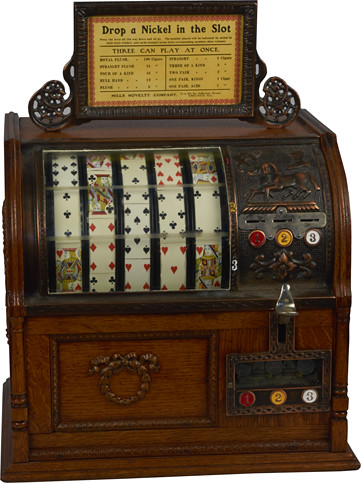 596 5 Cent Mills Novelty Jockey 5-Reel Poker Card Countertop Cigar Trade Stimulator c1900 w/ award card top sign marquee, Great restored condition, Very desirable machine w/ key | by victoriancasinoantiques