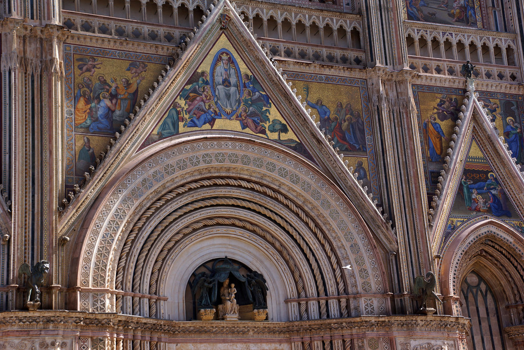 Orvieto, Italy, 3-19-2013--Detail of the facade of the Duomo