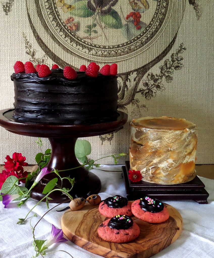 chocolate beet cake, golden vanilla cake, strawberry chip cookies
