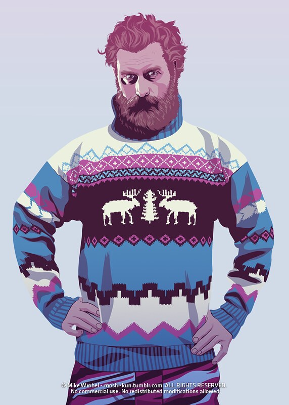 23 Tormund wearing a kitsch xmas sweater and a funky ski pant.