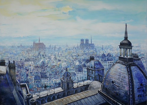 Panoramic rooftops with a dark domed roof in front