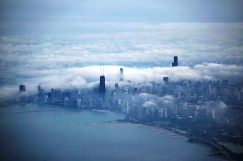 chicago window fog skyline clouds airplane