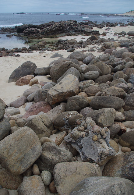 Granite-gneiss and limestone conglomerate cemented-beach rocks, Cowaramup Bay, near Margaret River, WA, 13/02/17