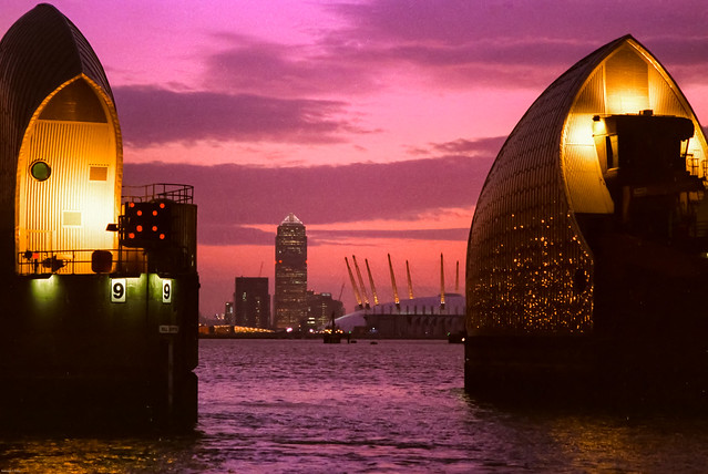 Millenium Dome & 1 Canada Square from the Thames Barrier