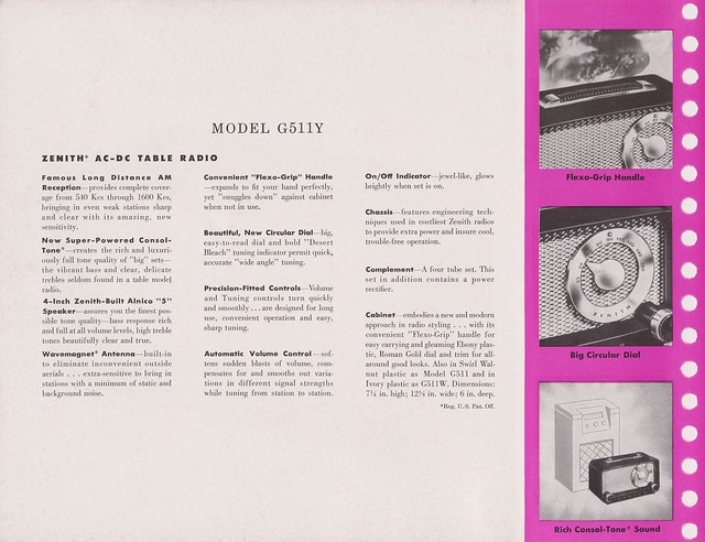 ZENITH Table Radio Dealer Sheet model The Tournament G511Y (USA 1951)_2