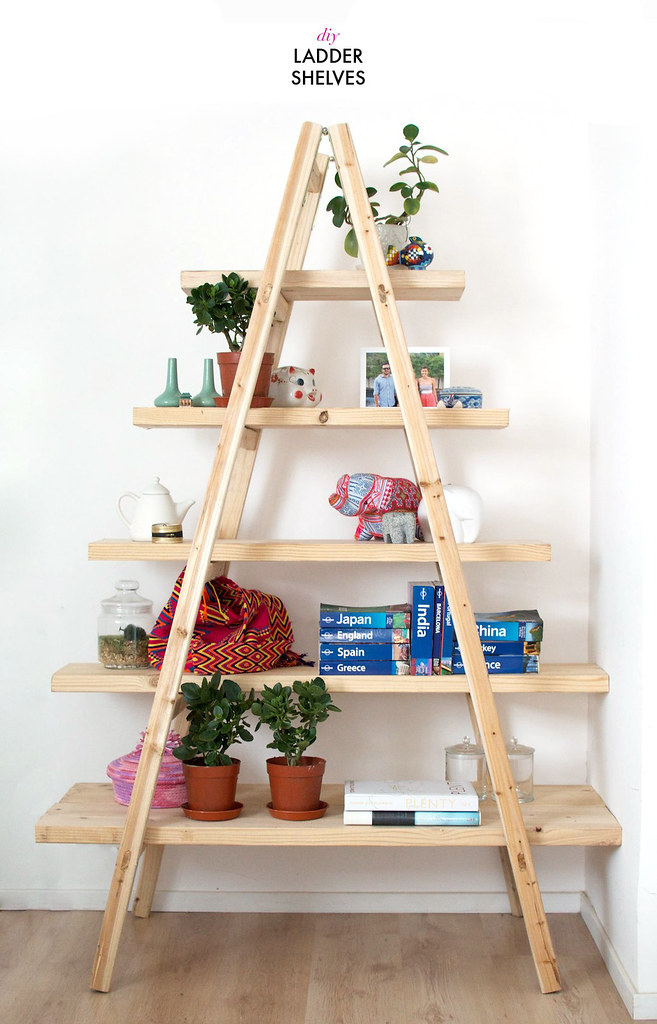 Make a quick set of shelves using a ladder www.apairandasparediy.com