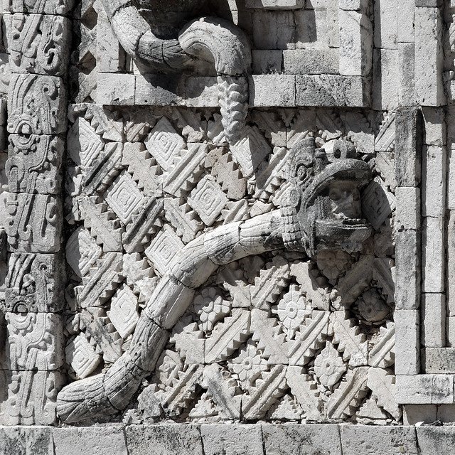 Rattlesnake relief sculpture in Uxmal, an ancient Mayan city.  Uxmal was build and flurish in VI-IX century.  Yucatan, Mexico.