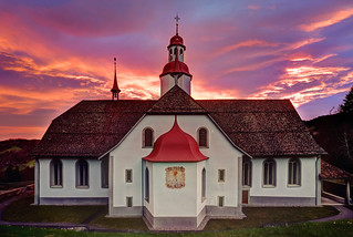 Wallfahrtskirche Hergiswald, church in the sunrise, Switzerland
