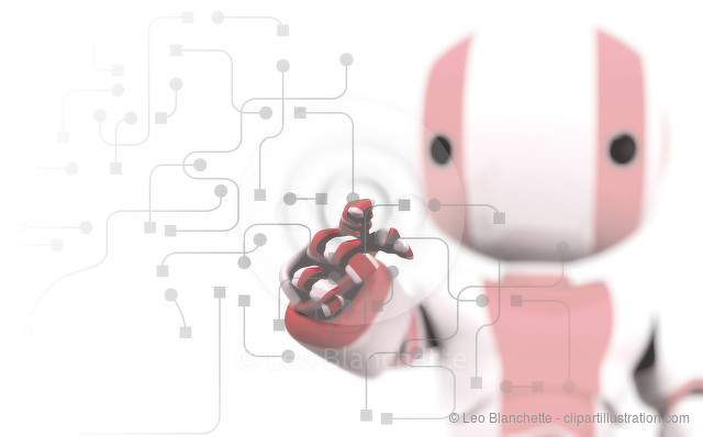 Red and White Robot Pointing at Circuitry