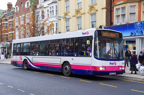 First Clacton Scania L113CRL / Wright Axcess Ultralow 61057 , R437 GSF with plated-over front dash panel | by EastBeach68