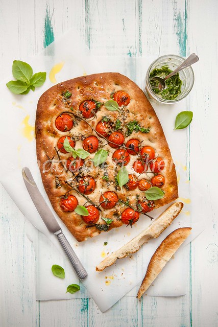 focaccia with tomatoes and pesto