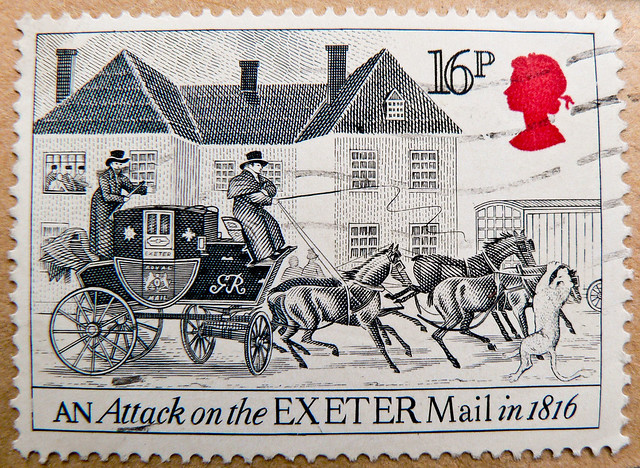 great stamp Great Britain 16p historic stagecoach (Exeter Royal Mail attacked by lioness; 1816; Postkutsche, Diligence, Diligencia, 驿站马车, Postkoets, Diligens, Дилижанс, Diligenza, 駅馬車, Posta arabası) timbre UK United Kingdom England selo sello GB 16p