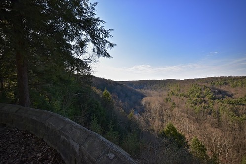overlook mohican state park forest gorge clear fork river trees sky clouds branches stone terrace view panorama wide angle sunlight shadows wall