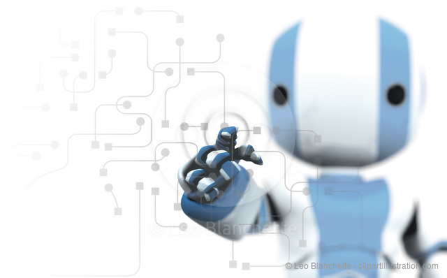 Blue and White Robot Pointing at Circuitry