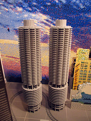 Spider-Man swings from Marina City Towers to the Sears Tower at the Lego Store in Watertower Place