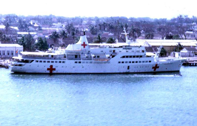 Helgoland as German Red Cross (DRK) hospital ship seen docked in Danang, Vietnam, in April 1968 - Photo by Chad Carleton