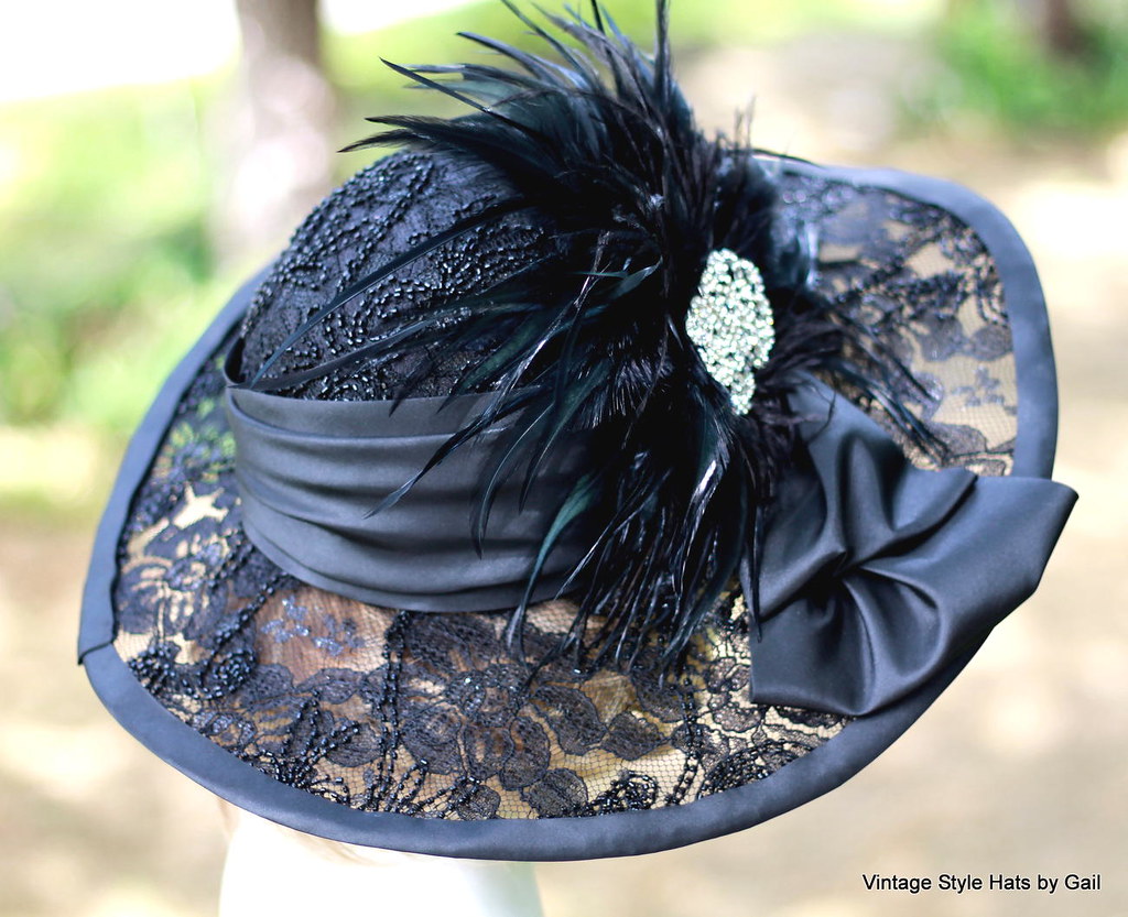 Black Lace Wide Brimmed Edwardian Hat | A vintage style Edwa  display picture 1