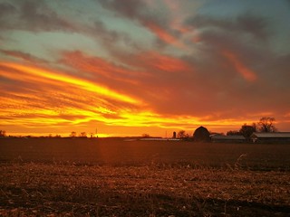 Sunset over harvested corn field