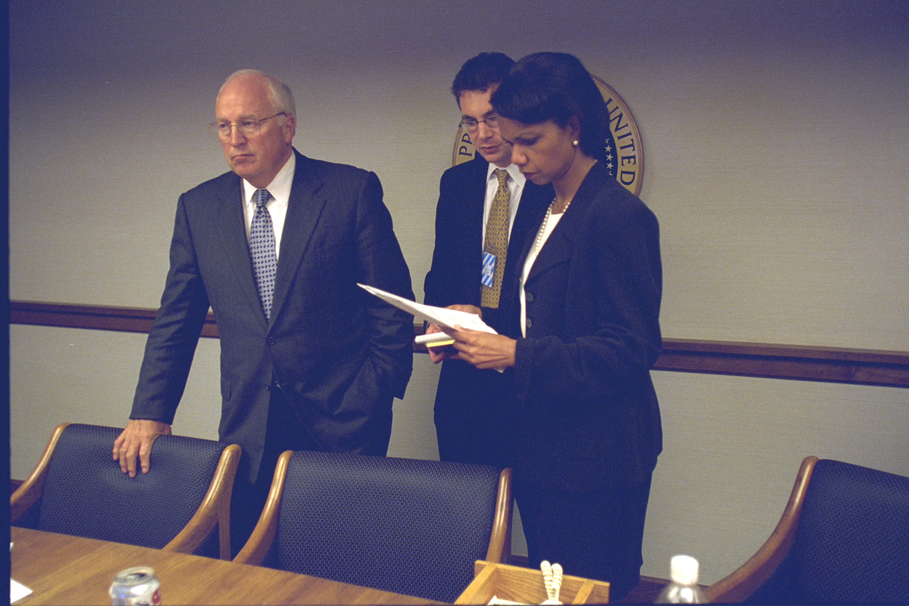 Vice President Cheney with National Security Advisor Condoleezza Rice and Senior Staff in the President's Emergency Operations Center (PEOC)