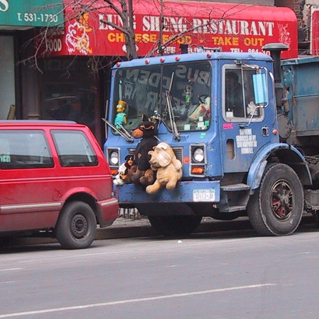 stuffed animals on truck