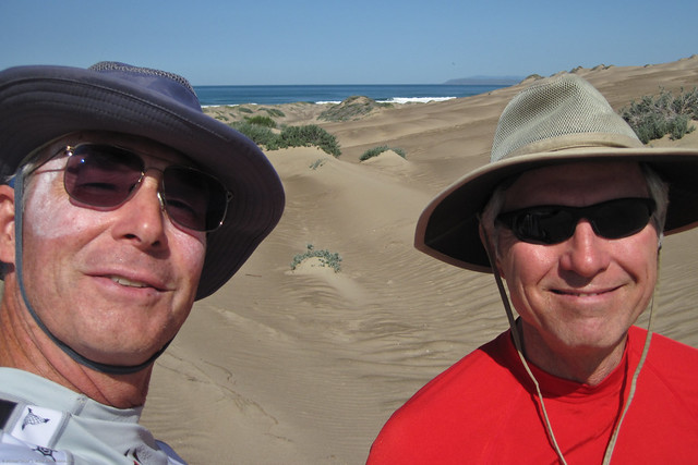 L-R Ron Gabel and Mike Baird on Sandspit sandunes.  Kayaking in Morro Bay, CA 27 March 2010