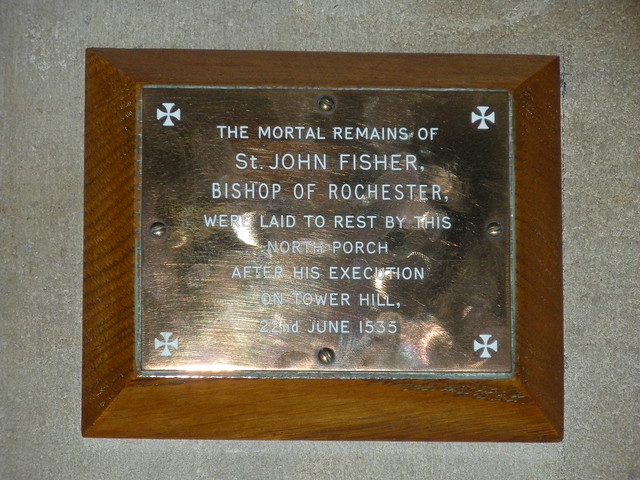 Plaque marking John Fisher, Bishop of Rochester's burial site