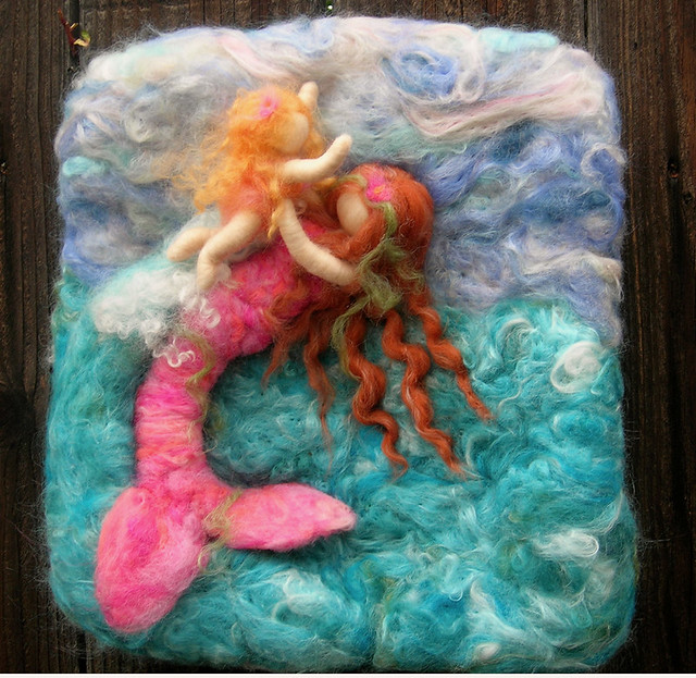 Needlefelted wool painting Riding the Waves wm1