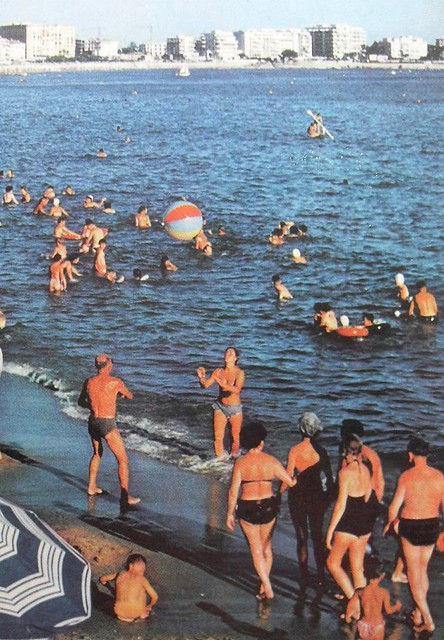 1960s CANNES FRANCE BEACH vintage photo men women shirtless swimsuits swim trunks