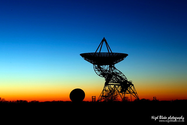 Mullard Radio Astronomy Observatory antenna The One-Mile Telescope Cambridge UK, at dusk