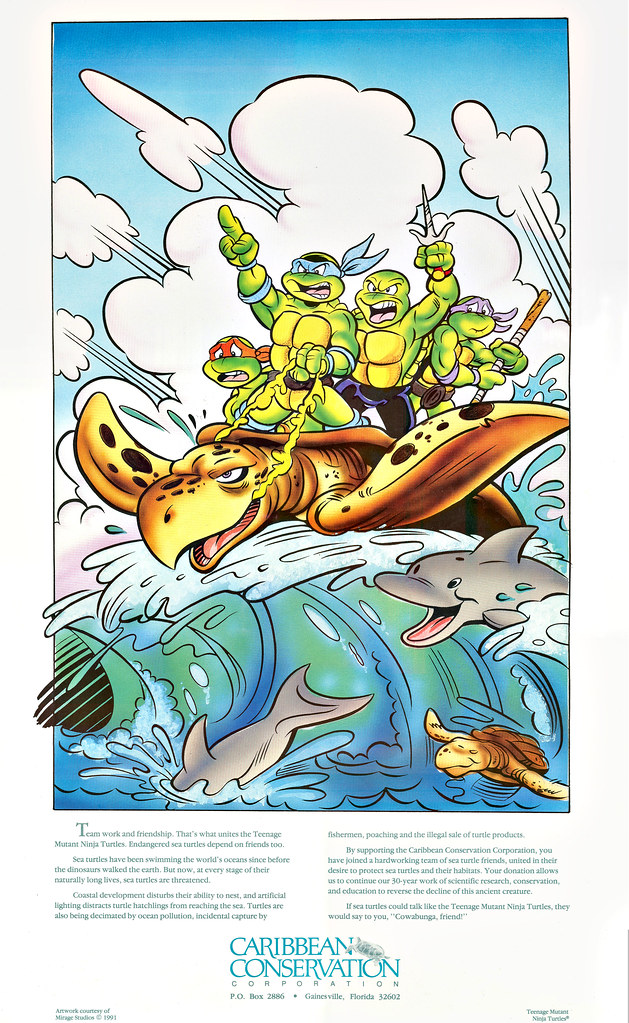 "Caribbean Conservation" Support poster ..art by  Ken Mitchroney, Ryan Brown and Steve Lavigne { Cover art for TMNTA # 17 }  (( 1991 )) by tOkKa