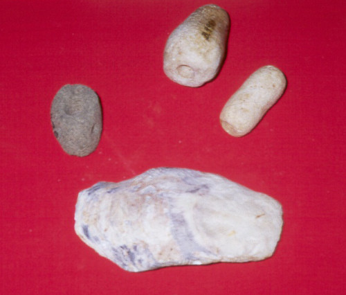 The three cylindrical stones have an inverted cone-shaped hole in one end.  Theories state they were used to sharpen spear points, or that they had a ritual purpose.  A piece of flaked chert (bottom) was used as a scraper or cutter.

Guam Museum/Judy Flores