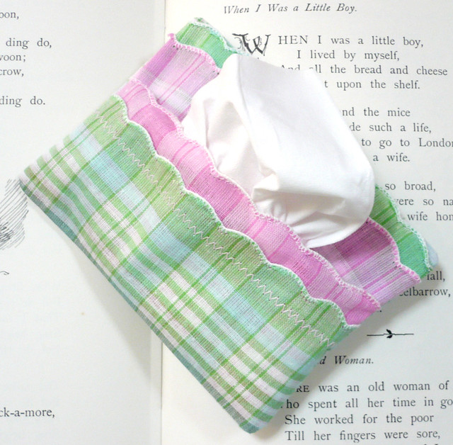 Handmade Travel Tissue Cozy - Plaid Green and Pink