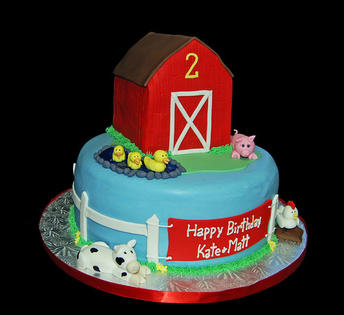 farm animal themed 2nd birthday cake with red barn ducks pig cow and a rooster | by Sweet Shoppe Mom and Simply Sweets