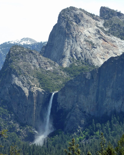 Classic view of Bridalveil Falls and Cathedral Falls from Tunnel View