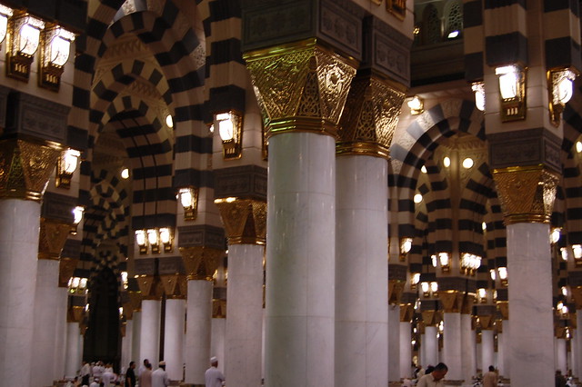 Interior shot of Al-Masjid al-Nabawi (The mosque of the Prophet)