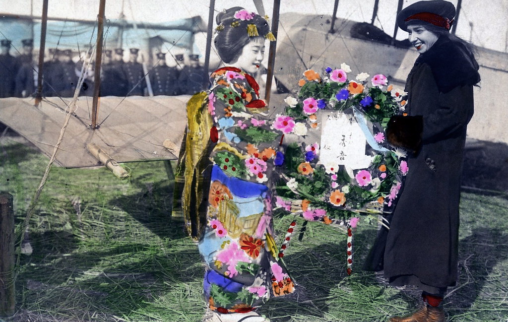 A Maiko Girl welcomes Miss Katherine Stinson to Japan, December 1916